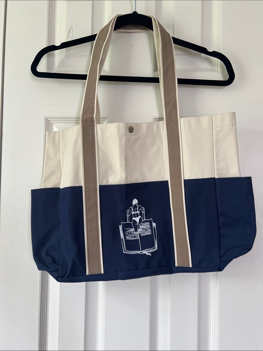 Two-Tone Canvas Tote Bag with Nautical Print - Navy & Cream